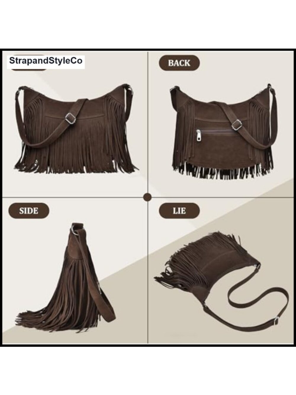 Fringe Hobo Crossbody Shoulder Bag Vintage Vegan Suede Purse - Picture 5 of 6